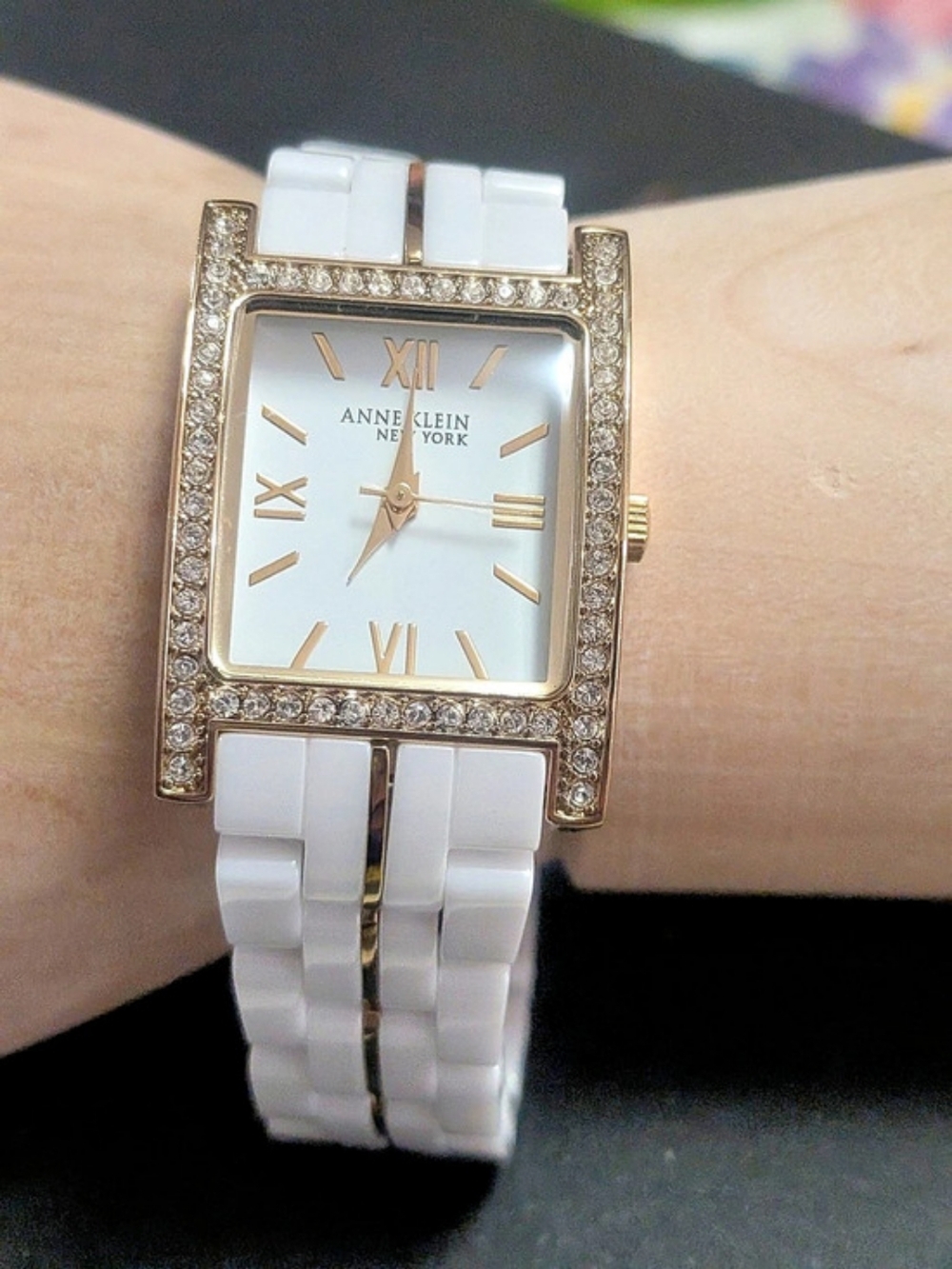 Anne Klein NY White Ceramic & Rose Gold Crystal Watch 12/2272WTST NEW BATTERY